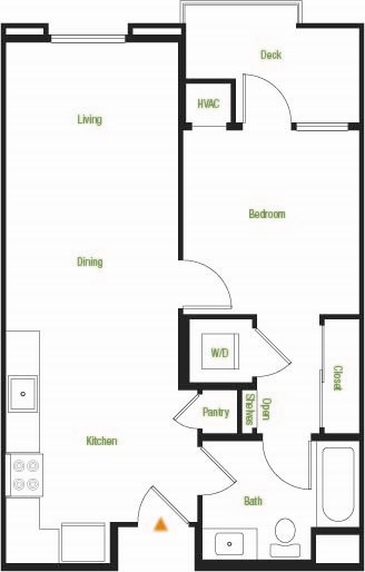 Floor plan for 1 bed, 1 bath, 614 sqft